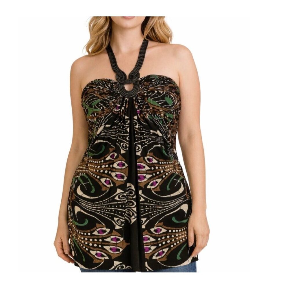 Made in USA top blouse black and chain detail halter style black printed SZ SM